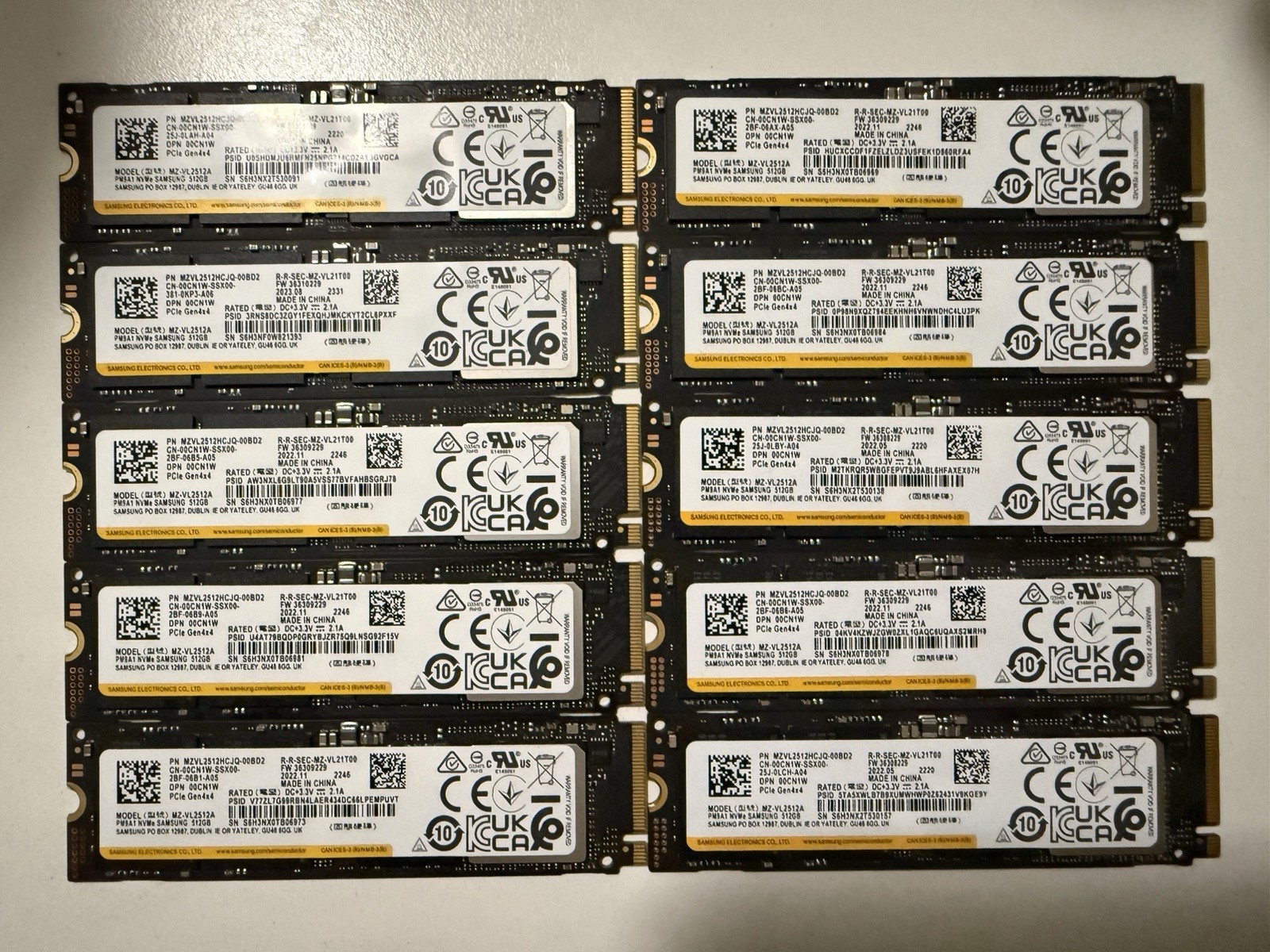 Lot of 10 Samsung 512GB  SSD:NVME M.2 MZ-VL2512A