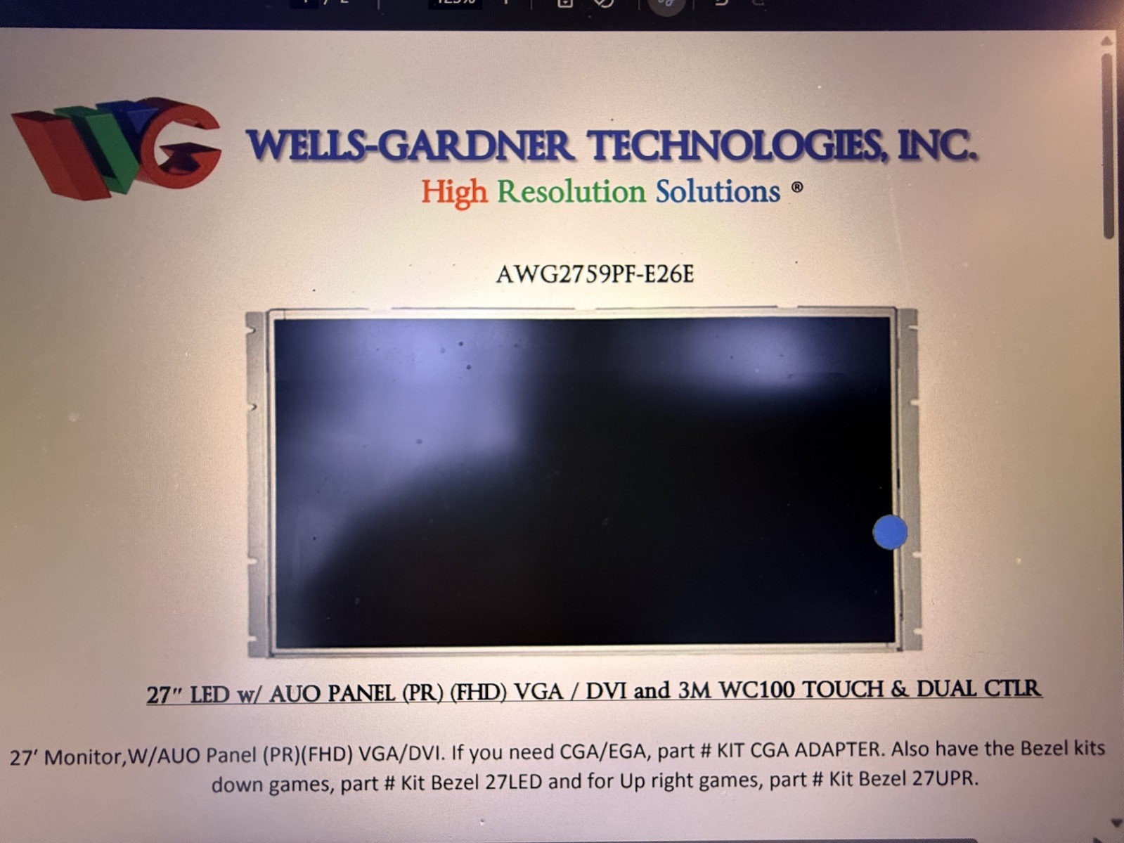 27" LCD Display Wells-Gardner Monitor NEW WG2759PF-E26E   Arcade monitor  