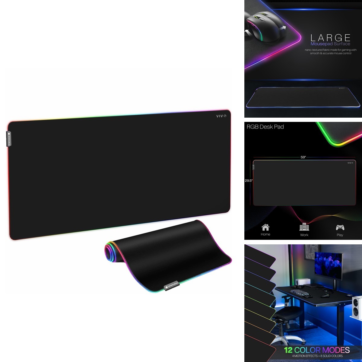 VIVO Black Large 60 x 30 in Full Size Desk Pad with RGB, DESK-PAD60-30