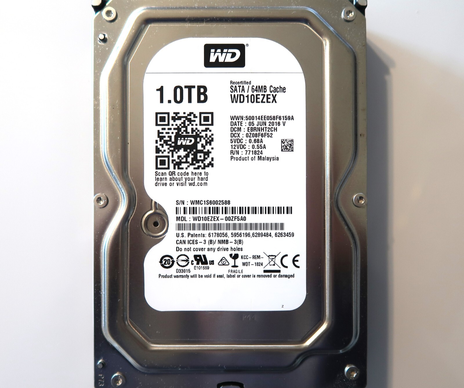 WD WD10EZEX-00ZF5A0 EBRNHT2CH (WMC1) Malaysia 1.0TB 3.5" Sata HDD 05JUN2016