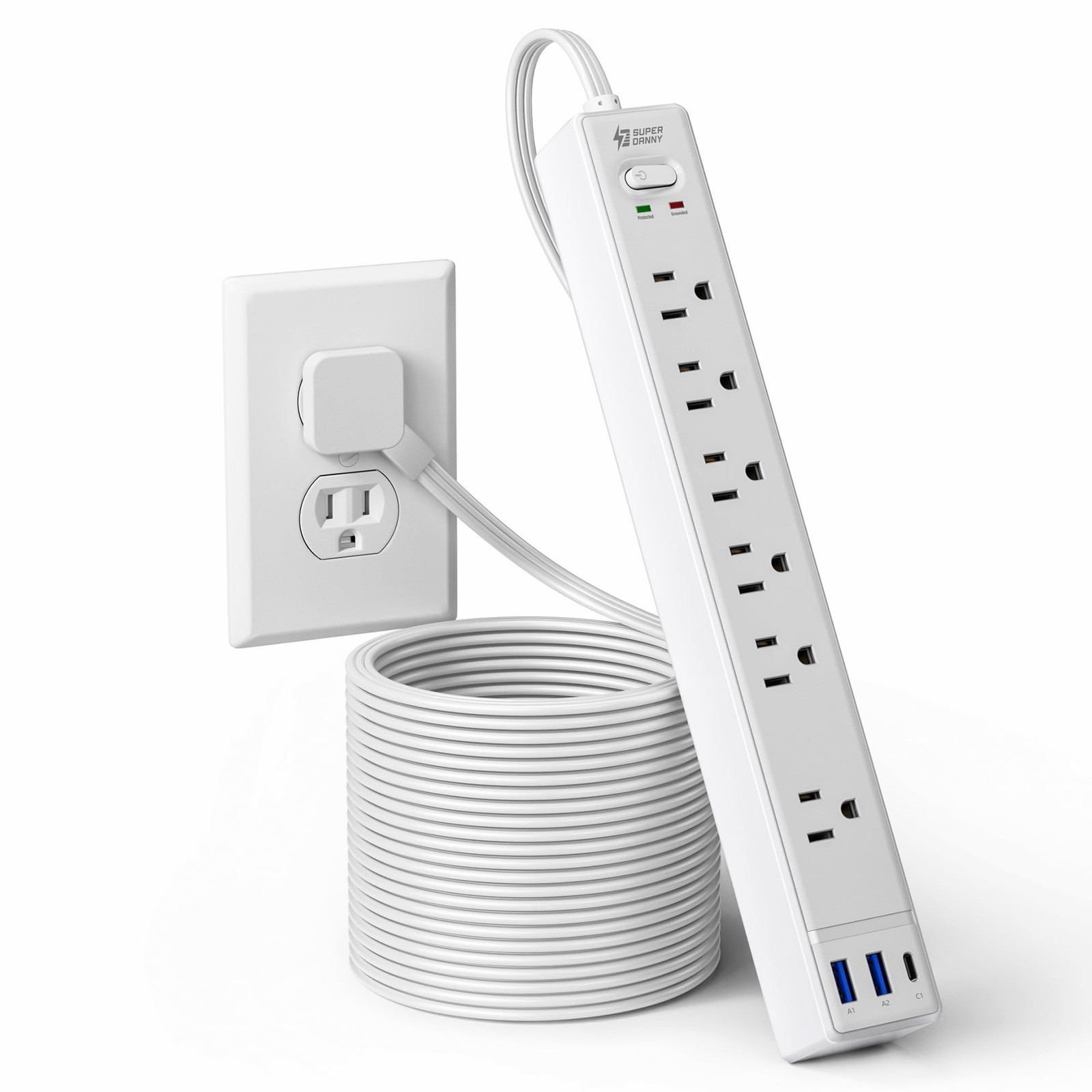 15Ft Long Extension Cord, SUPERDANNY Flat Plug Surge Protector Power Strip