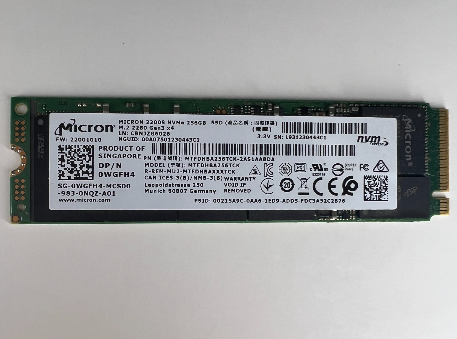 Micron 2200S 256GB M.2 2280 NVMe SSD MTFDHBA256TCK 0WGFH4