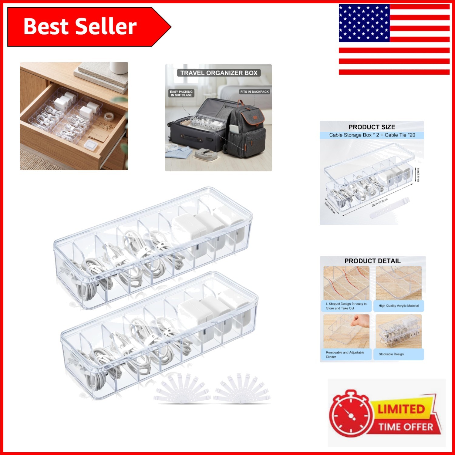 Elegant 2-Pack Clear Cable Storage Boxes with Adjustable Dividers for Organizing