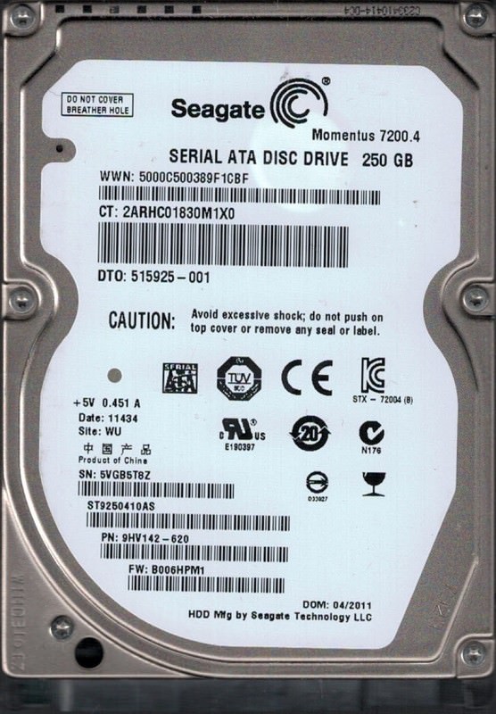 ST9250410AS P/N: 9HV142-620 F/W: B006HPM1 WU 5VG Seagate 250GB