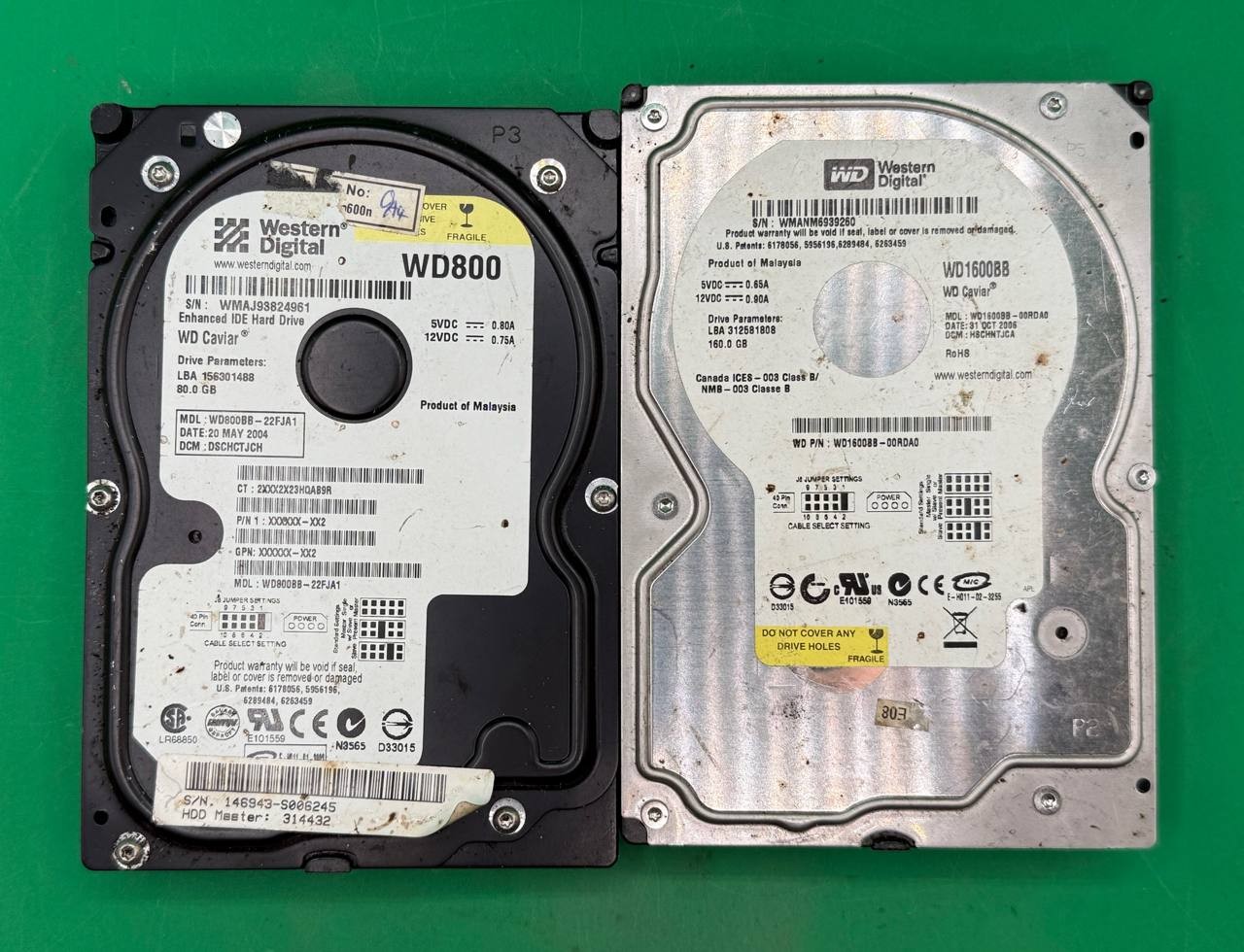 Lot of 2 Western Digital WD Caviar IDE HDDs WD800 & WD1600BB TC
