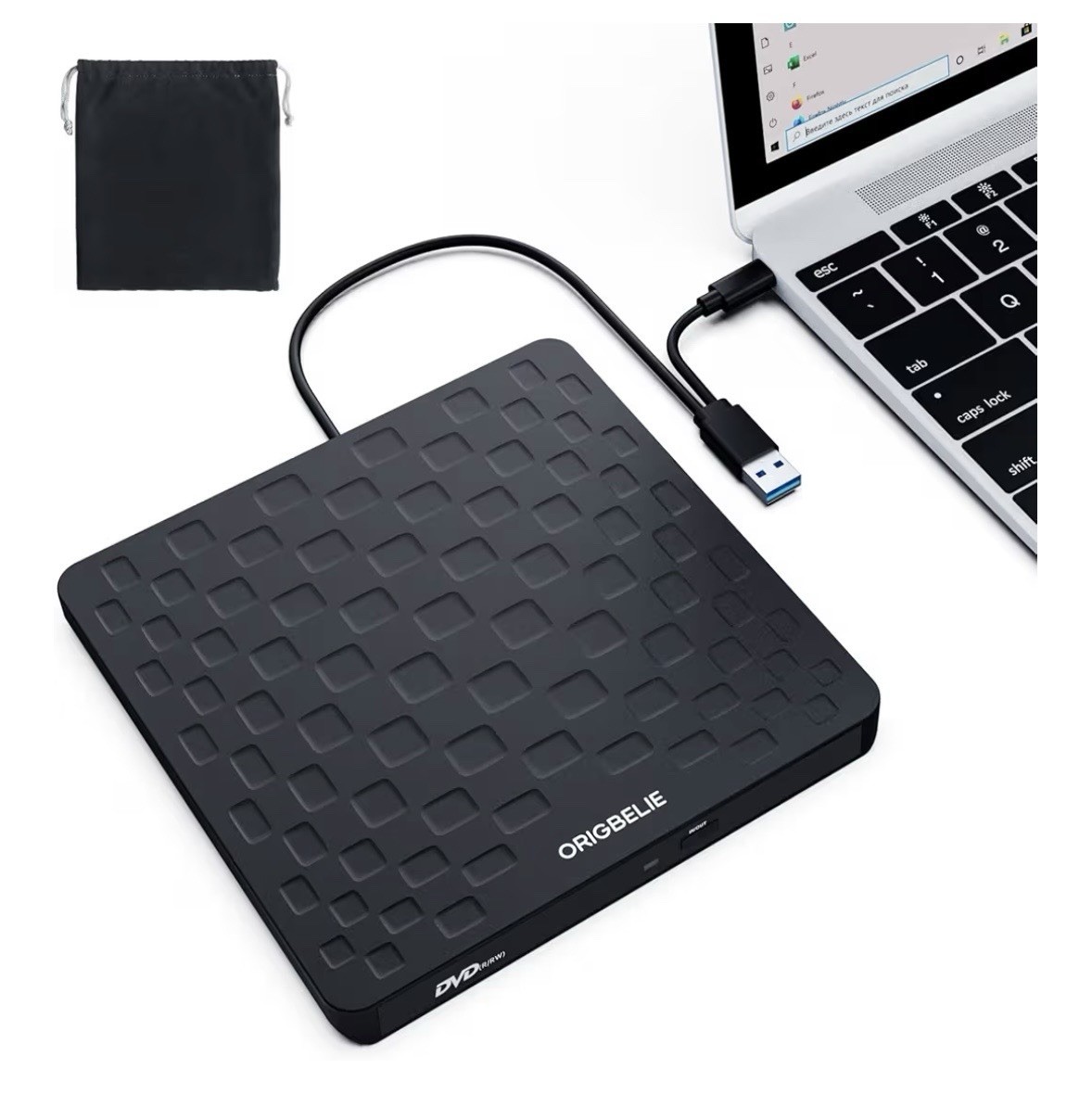 ORIGBELIE External CD/DVD Drive USB 3.0 USB-C 24X/8X Plug & Play Black