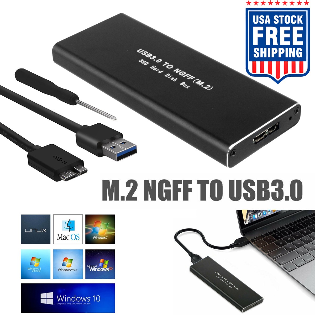 USB 3.0 M.2 SSD Reader for 2230 2242 2260 2280 Size Portable Hard Drive Adapter
