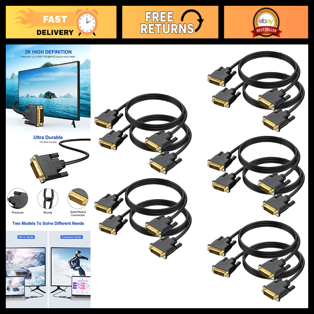 6ft DVI-D 24+1 Cable 10-Pack, High-Speed 1080P HD Video Connection, Durable Cord