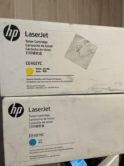 Lot of 2 - Genuine HP Toner CE401YC Cyan, CE402YC Yellow, open boxes sealed bags