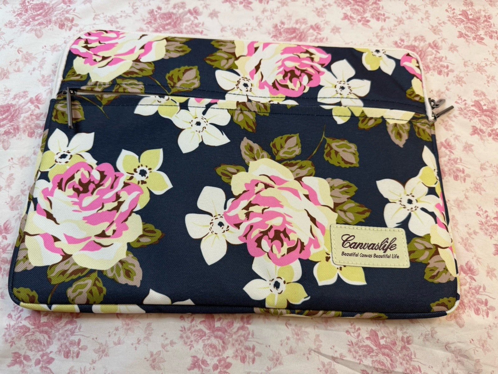 Canvaslife Floral Laptop Sleeve Bag 10” x 15” Navy Pink Flowers New