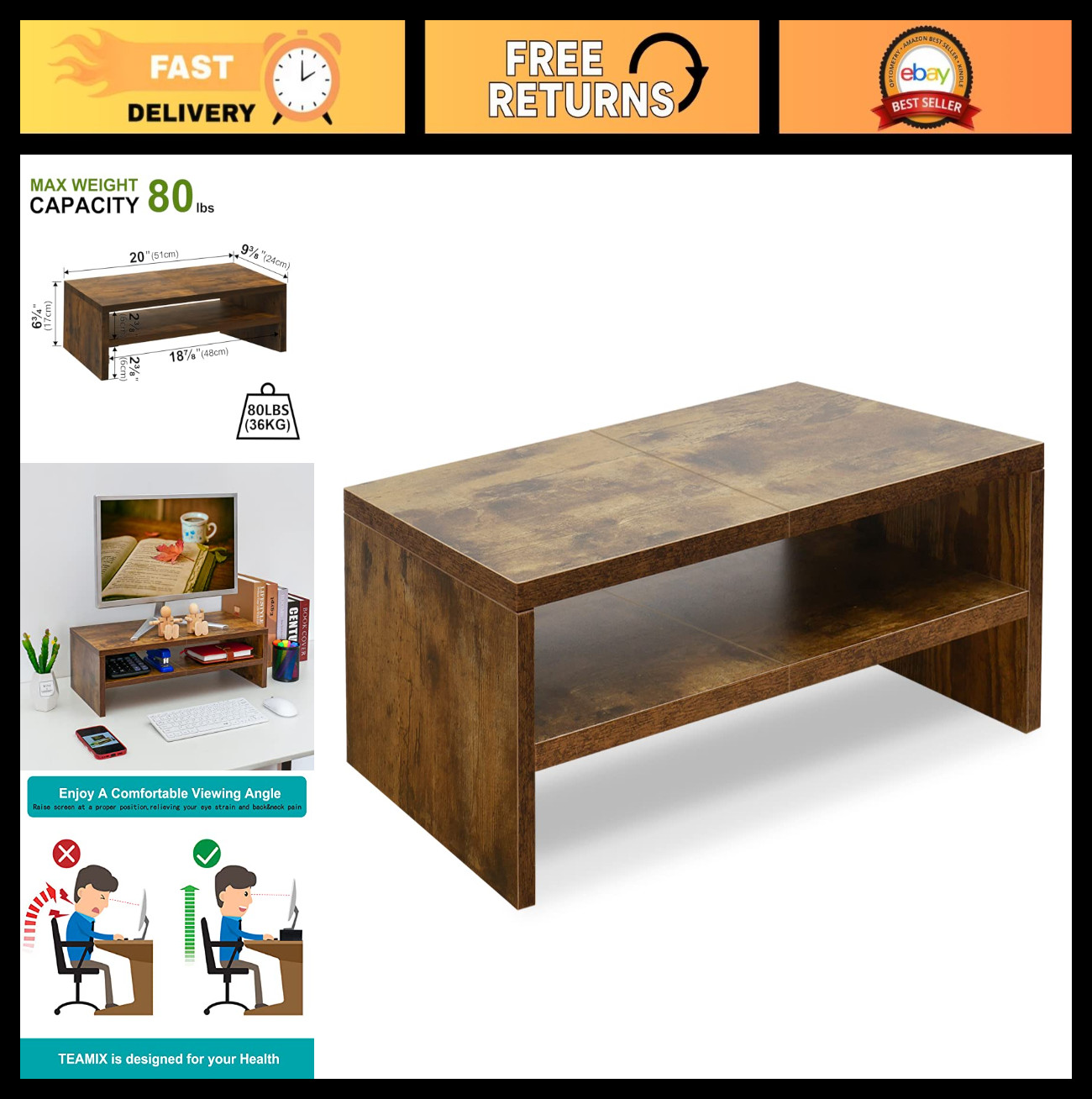 20" Monitor Riser Stand - 2 Tier Wood Rustic Desktop Organizer & Bookshelf