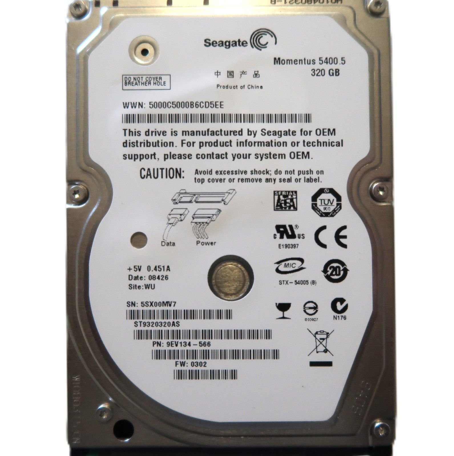 Seagate ST9320320AS 9EV134-566 0302 (5SX) WU China 2.5" 320gb Sata HDD APR/2008