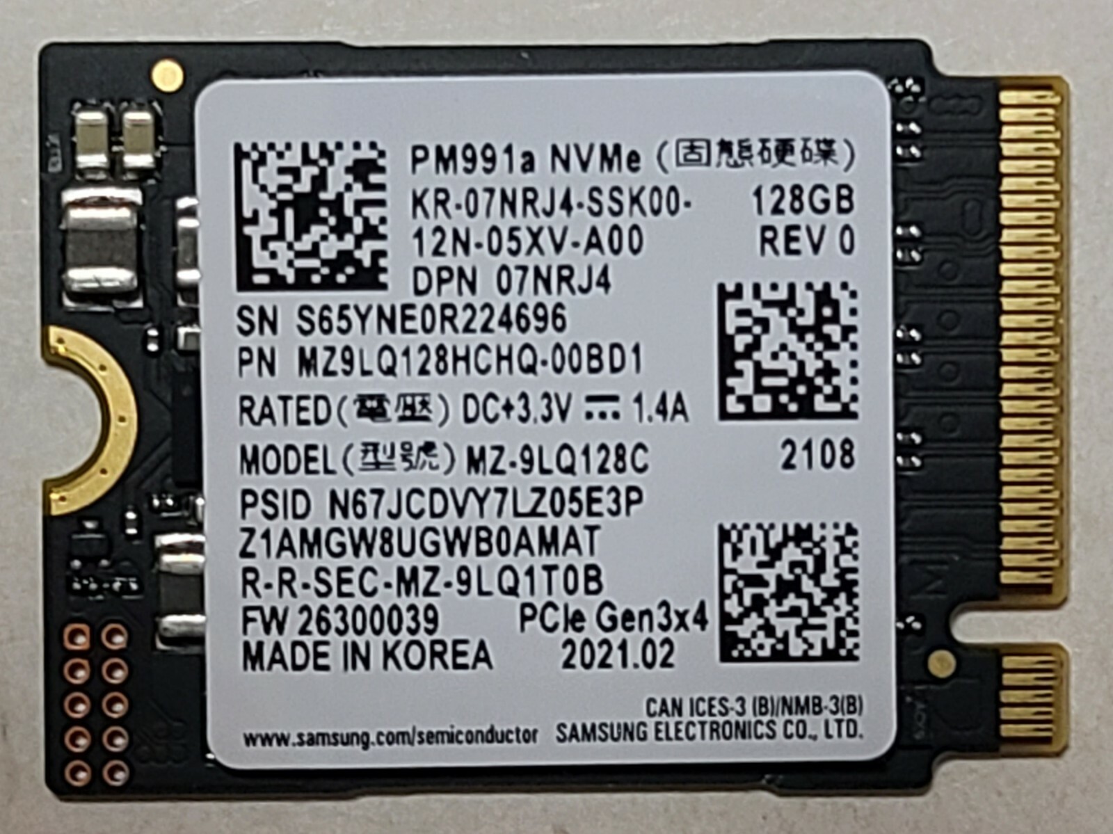 NEW Dell Inspiron 3502 128GB SSD 7NRJ4 PM991A NVMe Samsung MZ-9LQ128C PCIe Gen3 