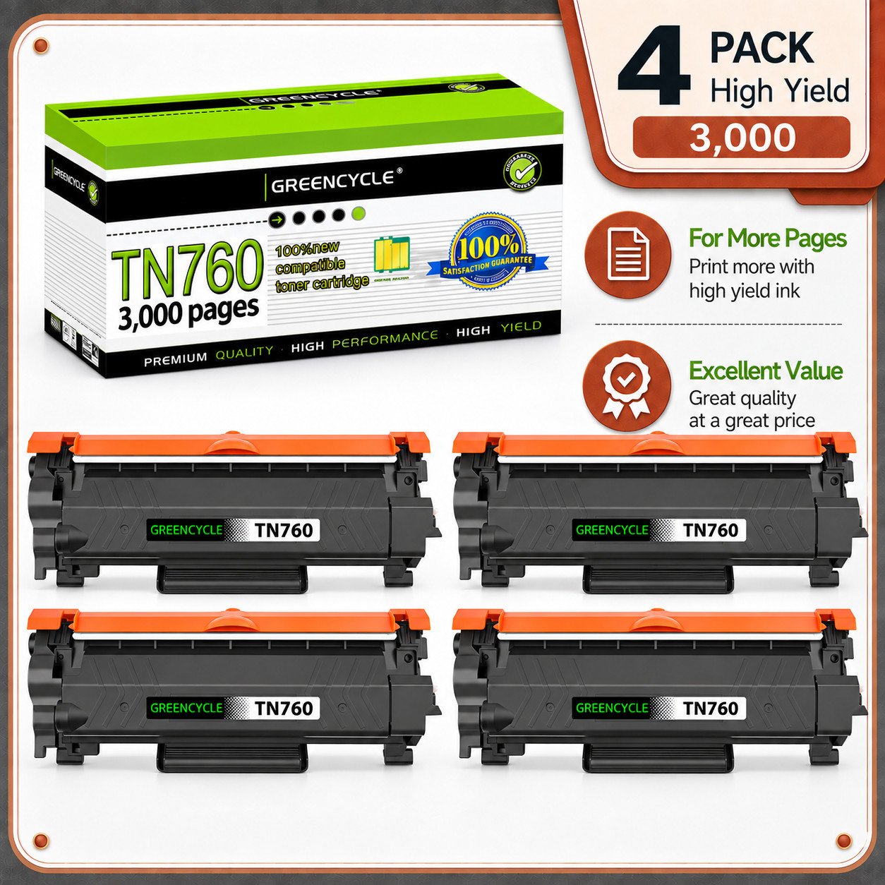 GREENCYCLE TN760 TN730 4PK Black Toner for Brother HL-L2350DW HL-L2325DW
