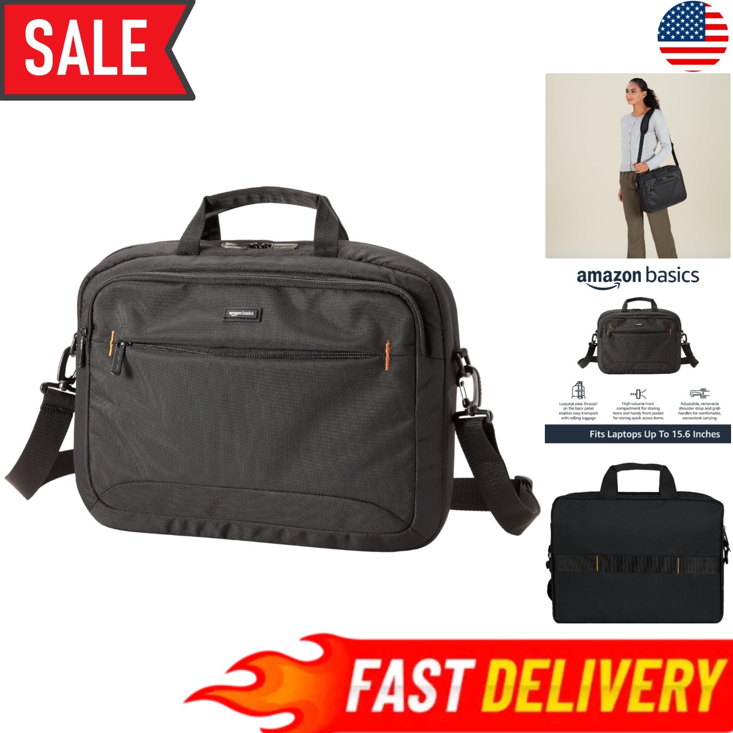 Trendy Black Laptop Messenger Bag 15.6 Inch with Adjustable Strap & Handles