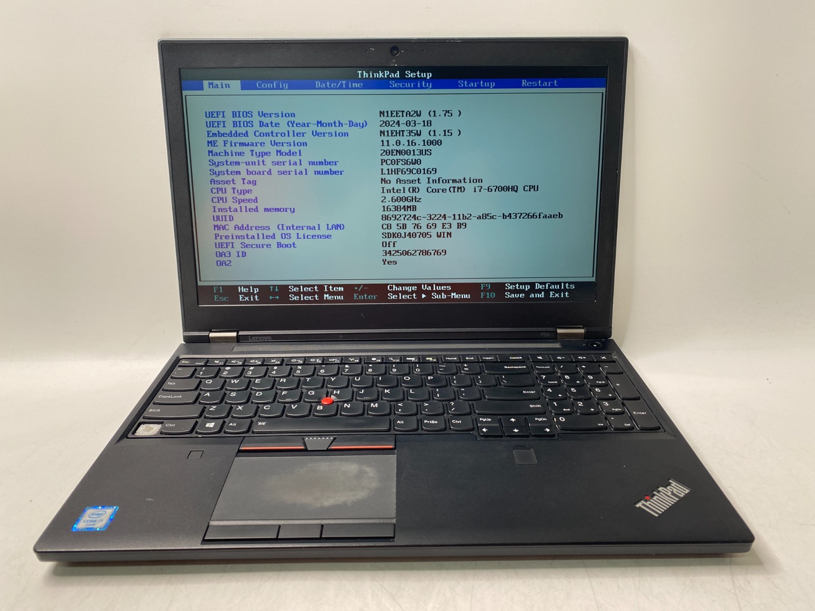 FOR PARTS Lenovo Thinkpad P50 i7-6700HQ Quadro M1000M No RAM/SSD/Bottom/Keys