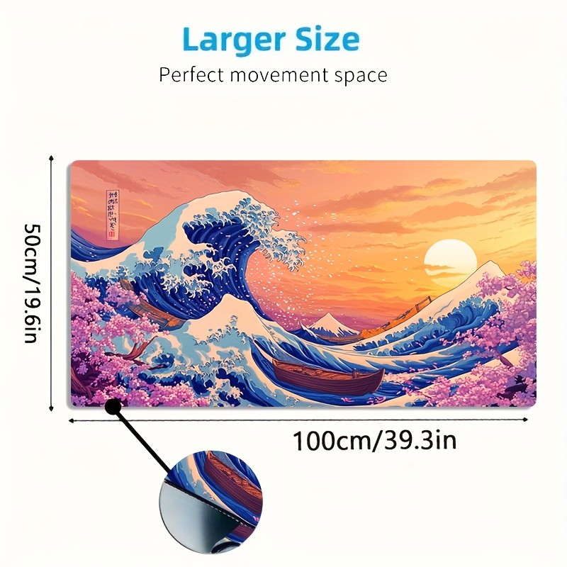 1pc Large-sized Esports Gaming Mouse Pad with a Vibrant Ukiyo-e Wave, Cherry B