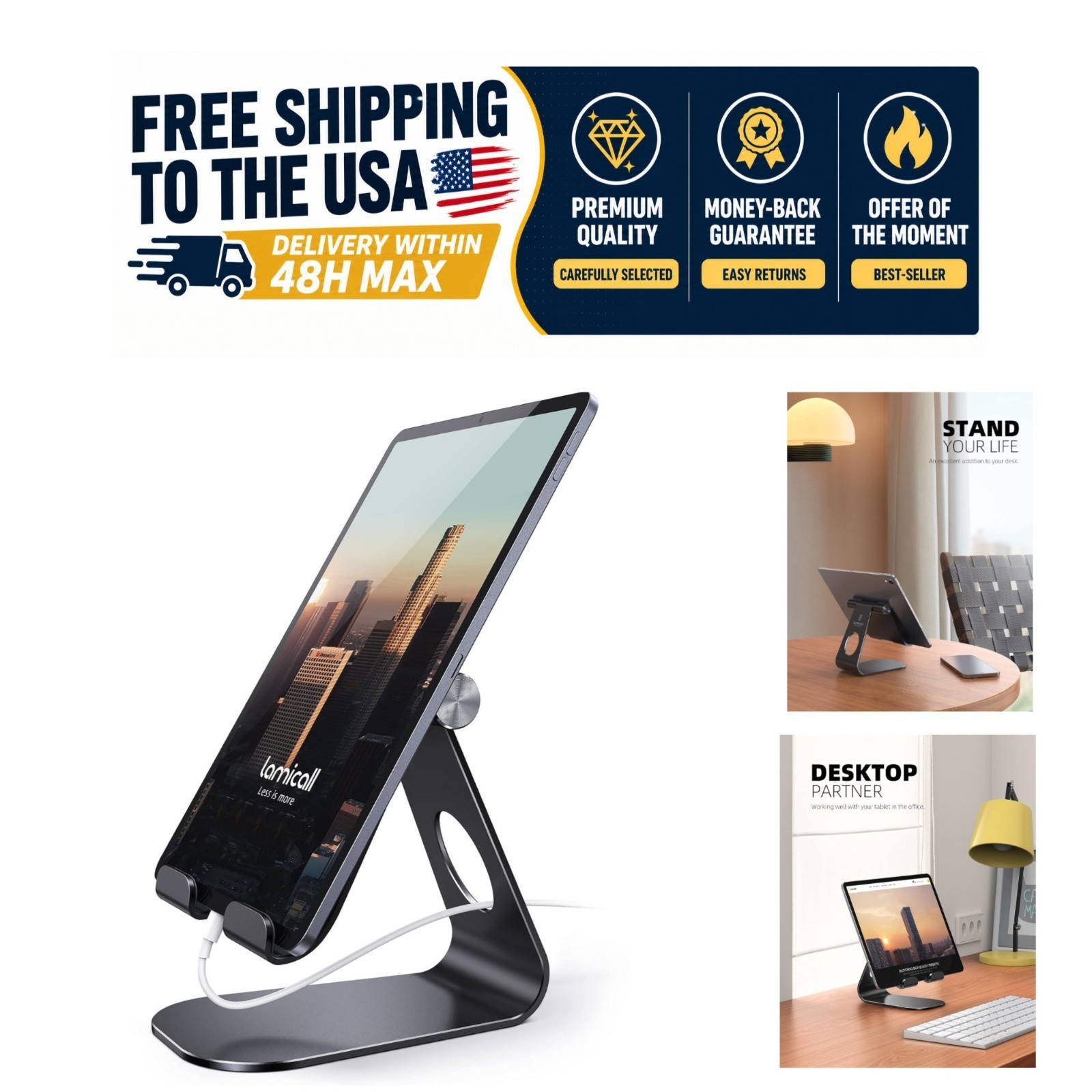 Lamicall iPad Stand Adjustable Aluminum Tablet Holder Multi-Angle for 4-13"