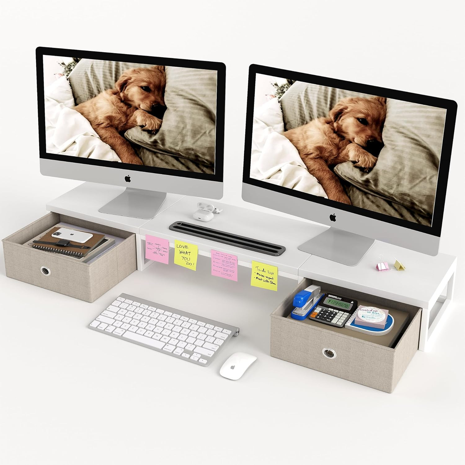 39 Inch Dual Monitor Stand Riser with 2 Drawers - Large White Wooden Computer St