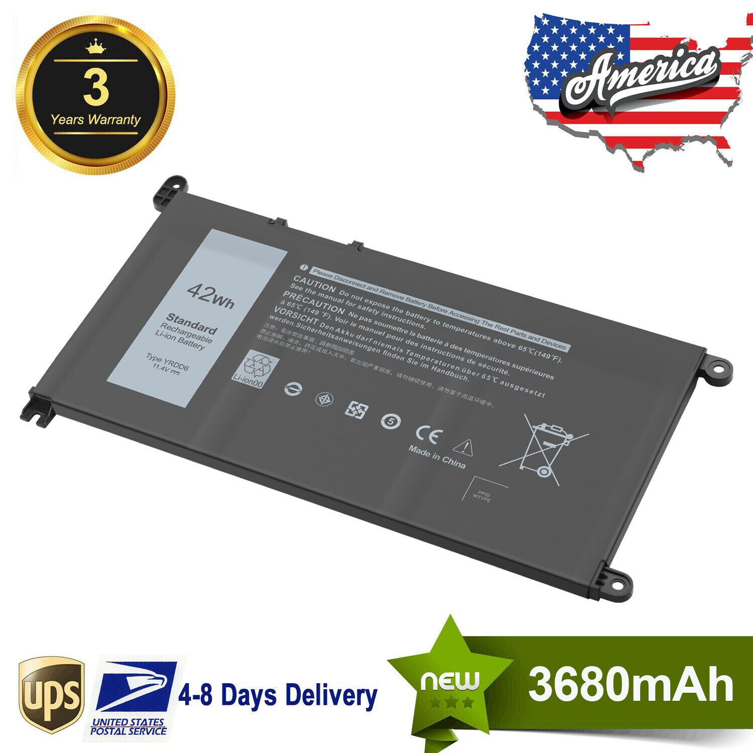 YRDD6 Notebook Battery 11.4V 42Wh for DELL Inspiron 15 3000 2-in-1 Series FAST