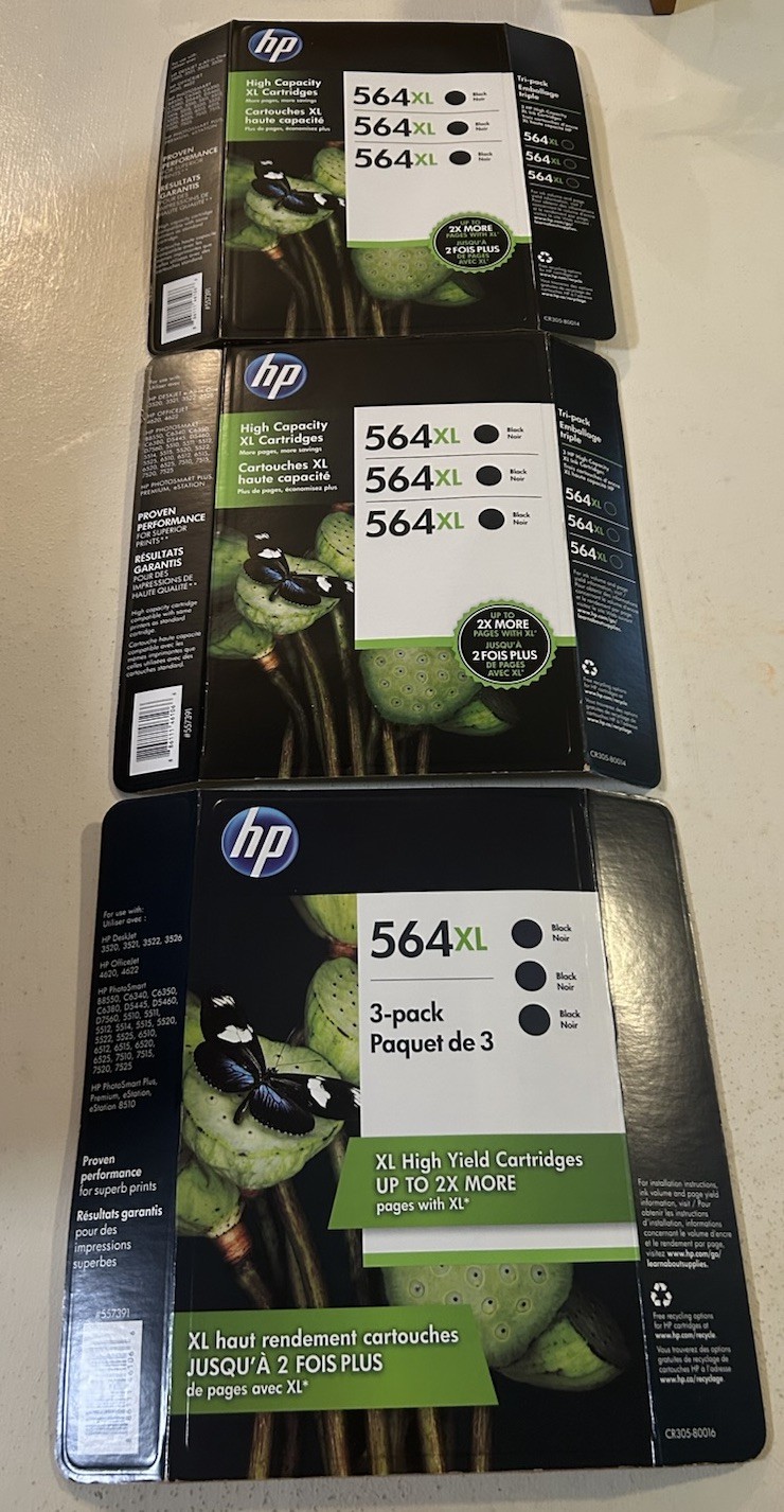 3 Genuine HP 564XL Black Ink Cartridge 3 Packs New Sealed Exp 2016-2019-Total 9