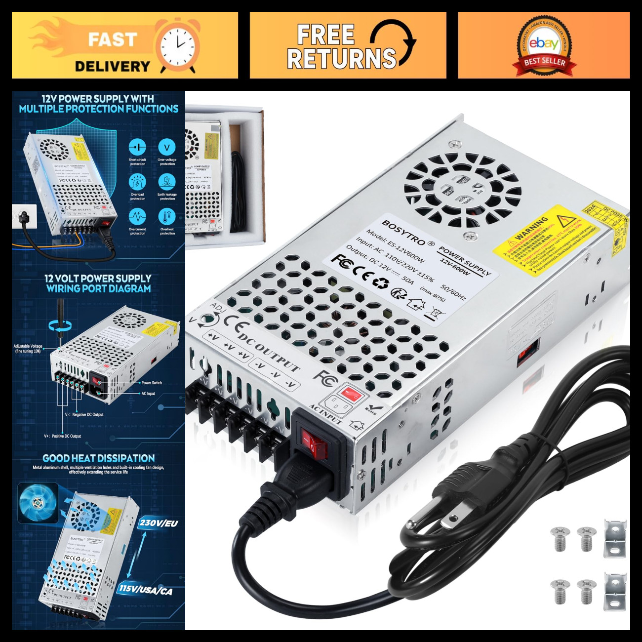 12V 600W DC Power Supply 50A Switching Converter for LED Strip, CCTV, 3D Printer