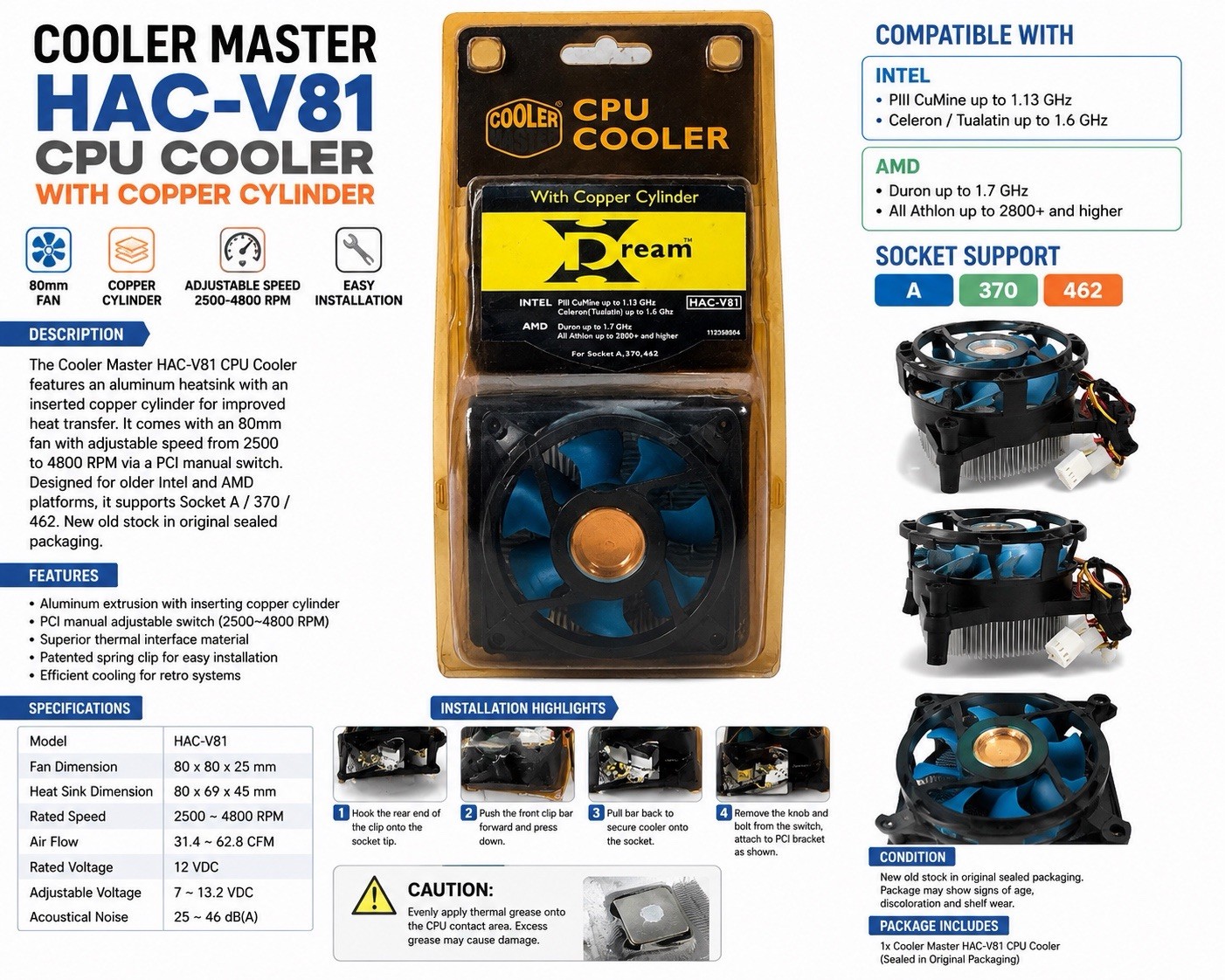 Cooler Master HAC-V81 CPU Cooler With Copper Cylinder Socket A 370 462 New 