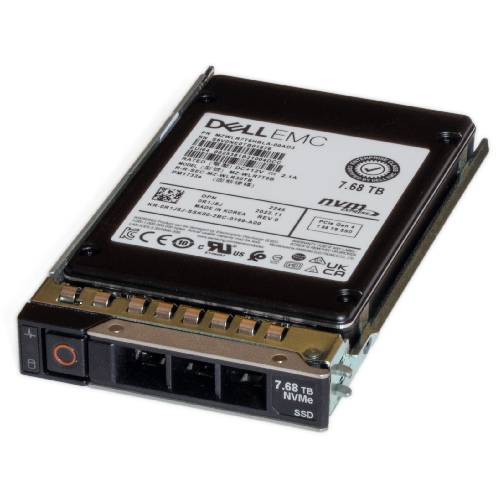 LOT of 24 Dell 14/15/16G PM1733a 7.68TB 2.5" PCIe 4.0 Gen4 U.2 SSD R1J8J H=100%