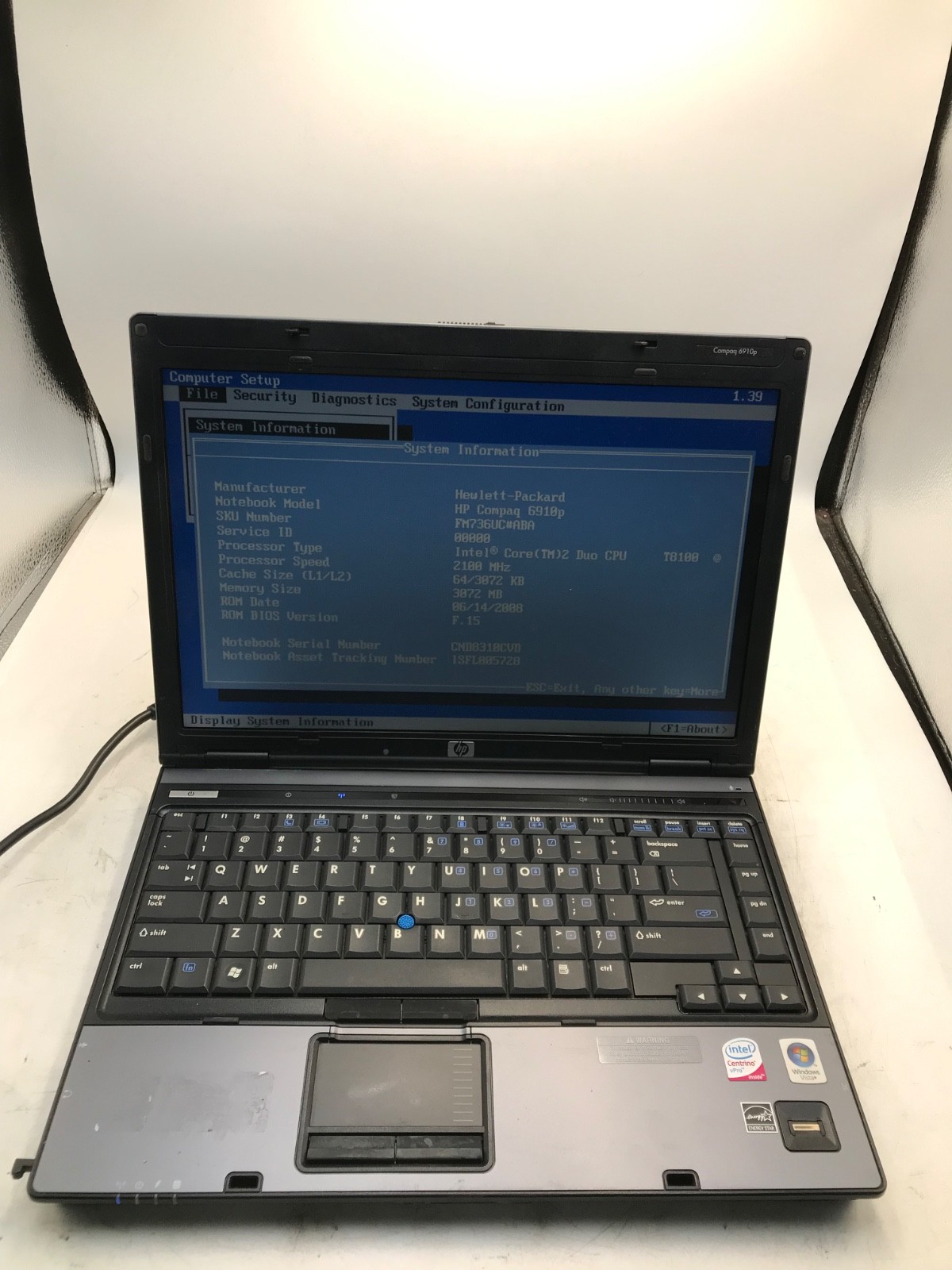 HP Compaq 6910p Intel Core 2 Duo 2.1GHz 14" NO HDD-BOOTS BIOS-MZ