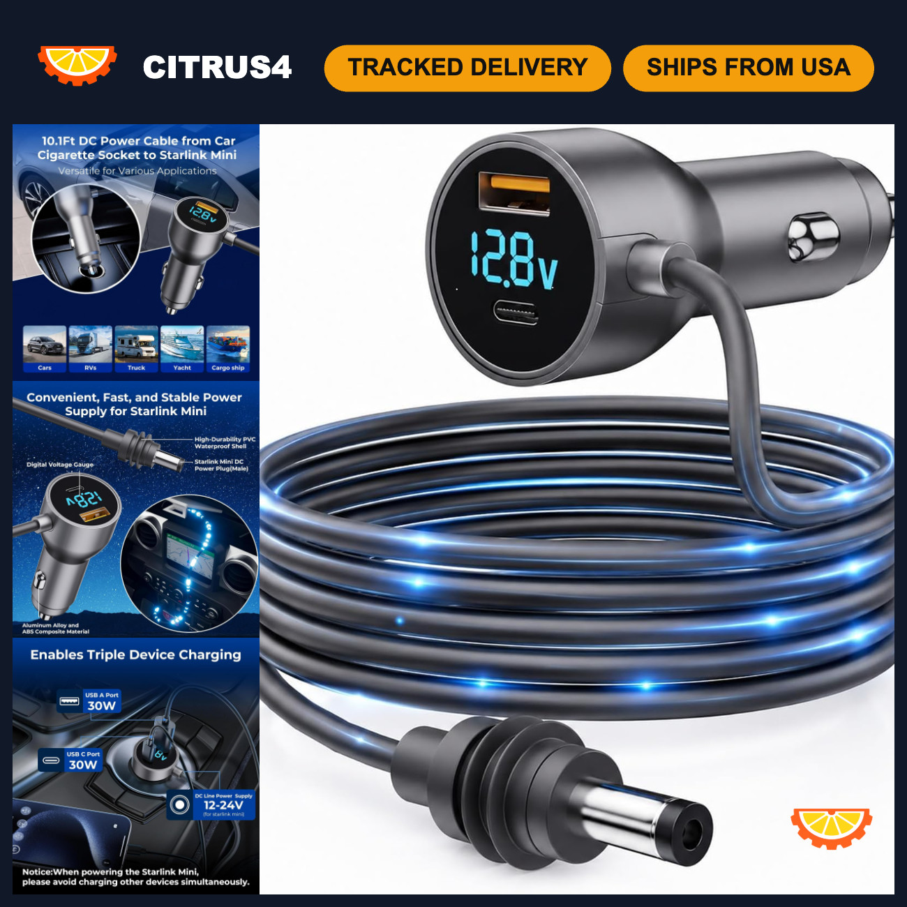 3-in-1 Mini Car Adapter & Charger, 12V-48V DC Power Cable, 30W USB-A, 72W Supply