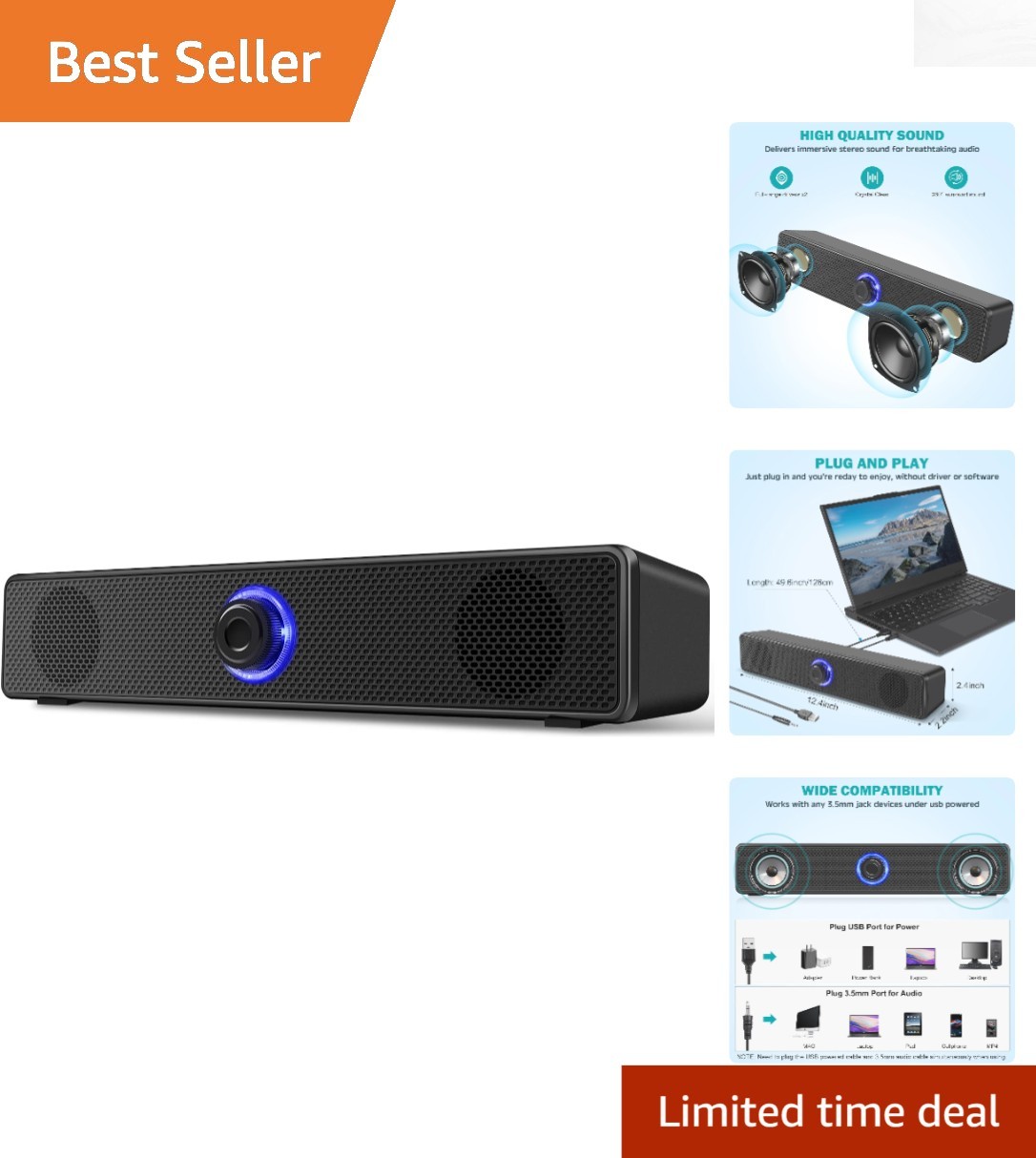 Immersive Stereo Sound Desktop Speakers - USB Powered with AUX Connection