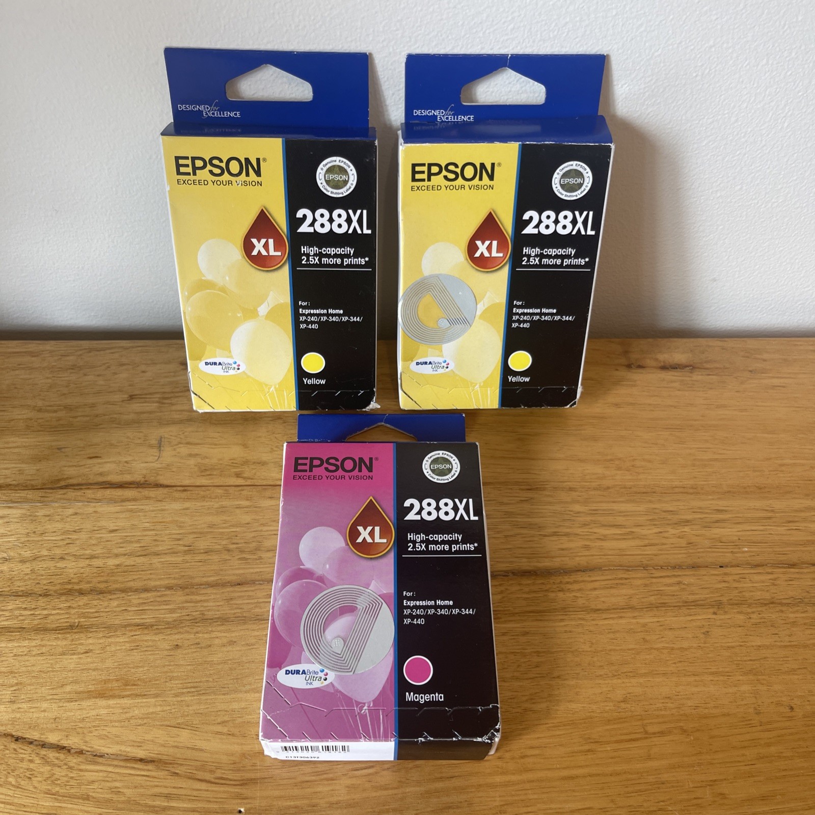3 x GENUINE Epson 288XLCartridges-  2 x Yellow Ink, 1 x Magenta ink EXP Jun 2026