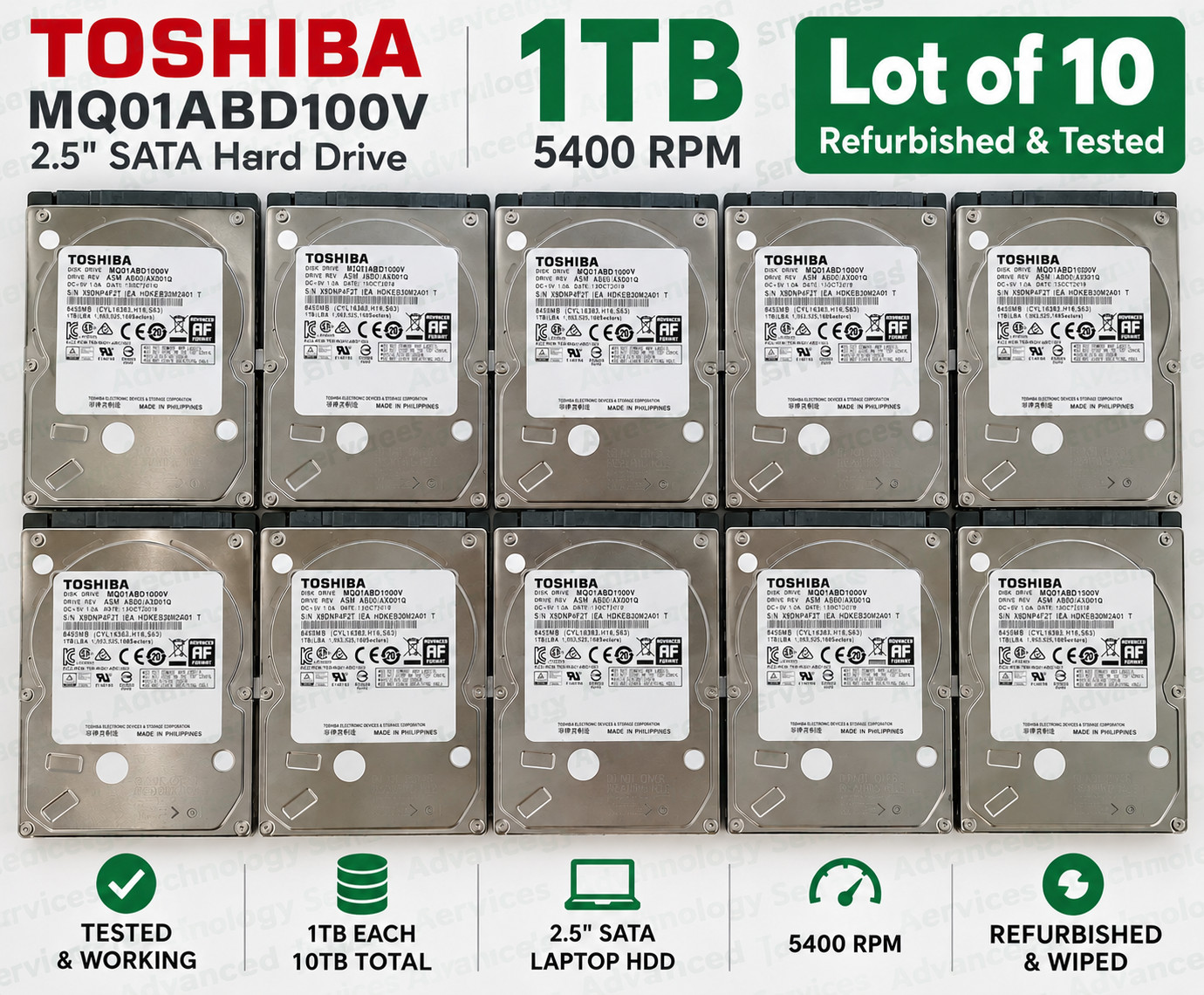 Lot of 10 Toshiba 1TB 2.5" SATA HDD MQ01ABD100V 5400RPM Refurbished Tested