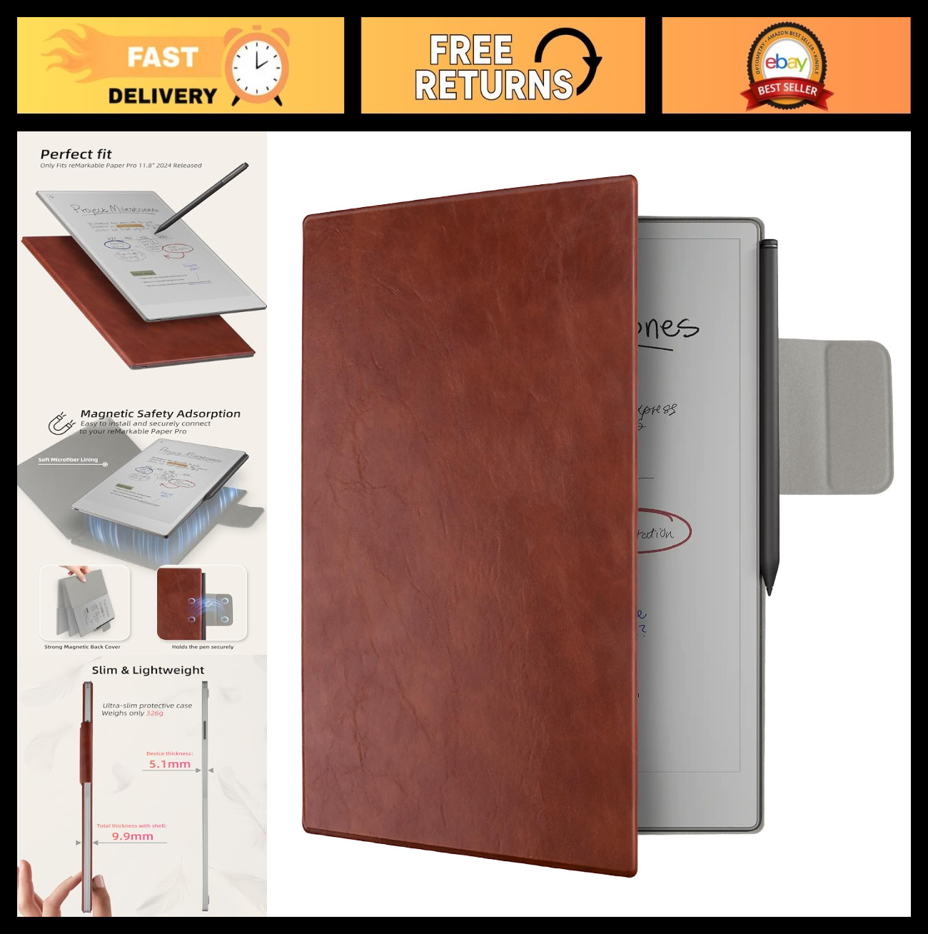 Slim Magnetic Folio Case for Remarkable Paper Pro 11.8" - Auto Sleep/Wake, Brown