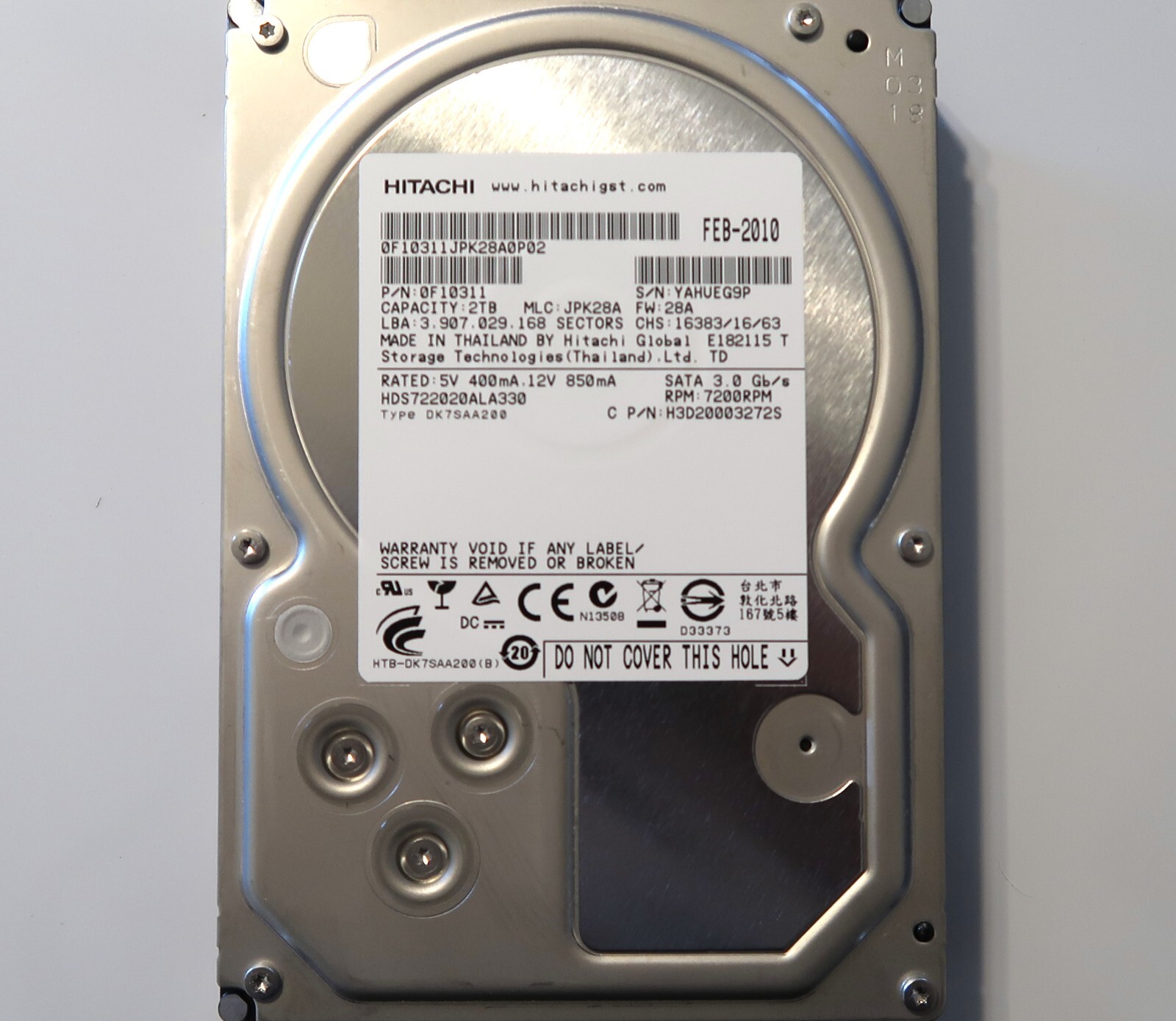 Hitachi HDS722020ALA330 0F10311 MLC:JPK28A FW:28A 2TB 3.5" Sata FEB-2010 (YAH)