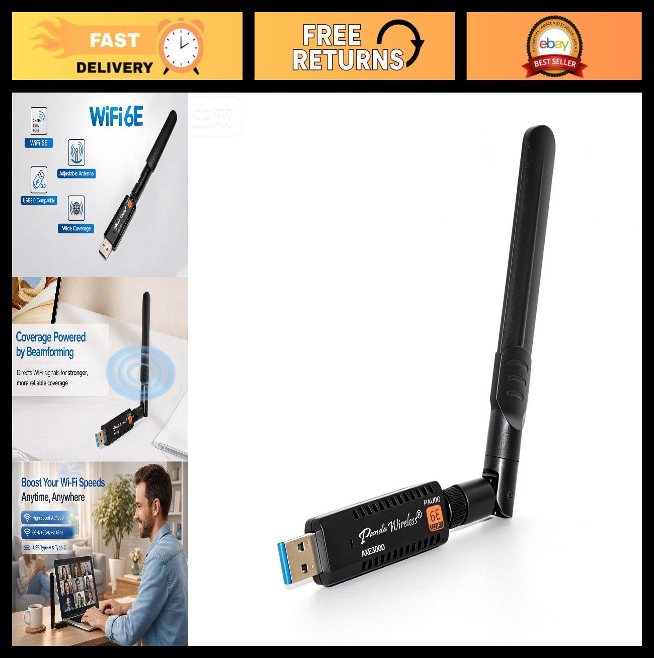 Tri-Band WiFi 6E USB 3.0 Adapter - AXE3000, 2.4/5/6 GHz, Windows & Linux Compati