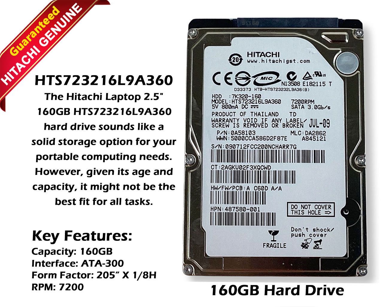Hitachi HTS723216L9A360 160GB 7.2K RPM SATA 3Gb/s 16MB Cache 2.5" HDD 0A58103