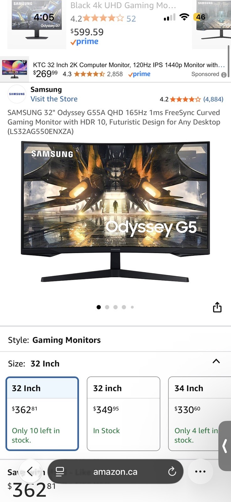 SAMSUNG 32" Odyssey G55A QHD 165Hz Curved Gaming Monitor HDR 10 (LS32AG550ENXZA)