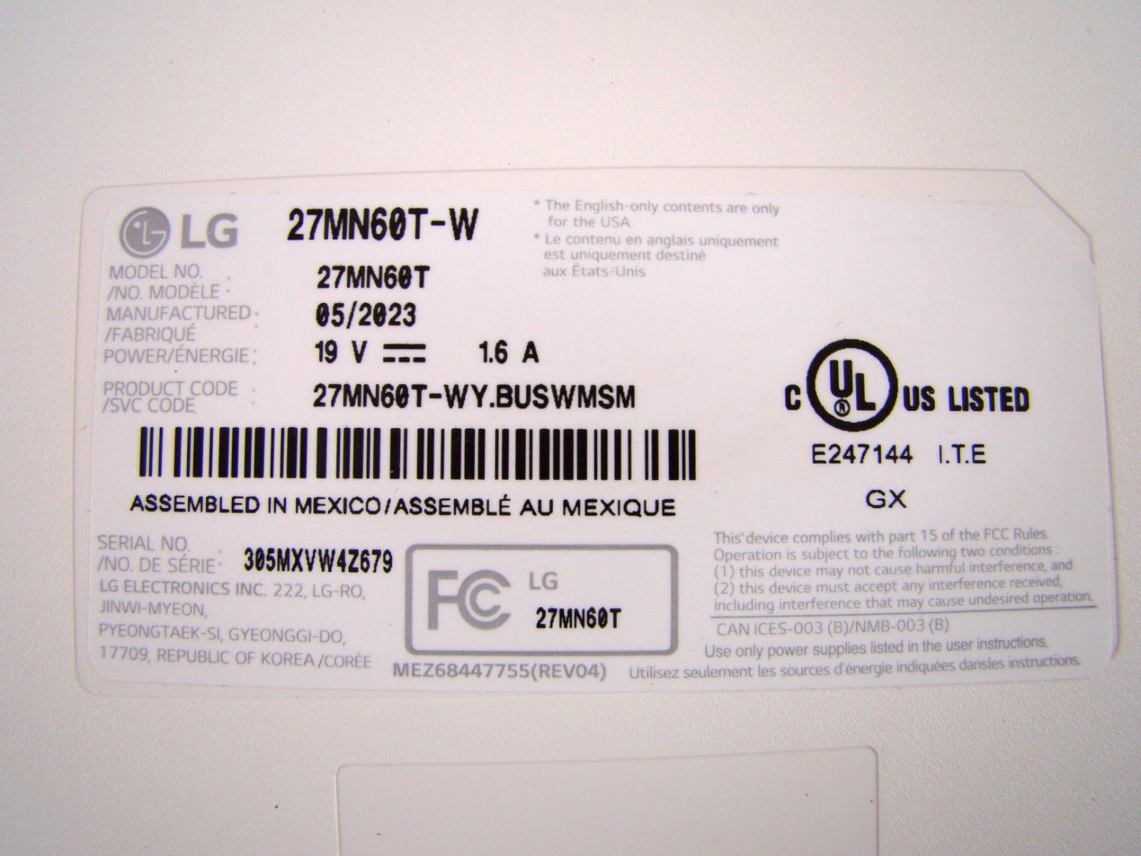 Main or Mother Board for LG 27” Monitor 27MN60T-White 100% Guaranteed Working