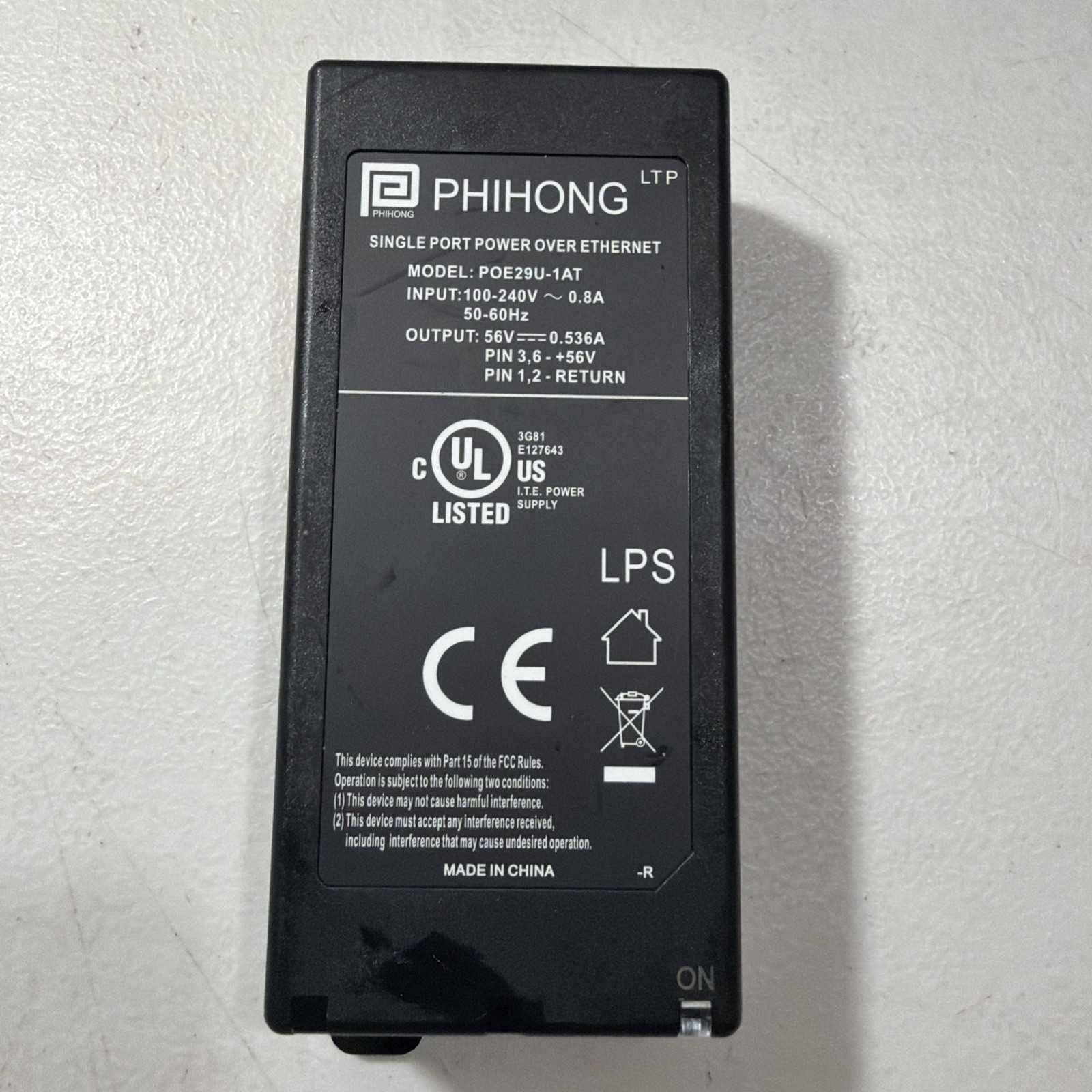 Phihong POE29U-560 Gigabit PoE Injector 56V 0.536A Power Supply Black
