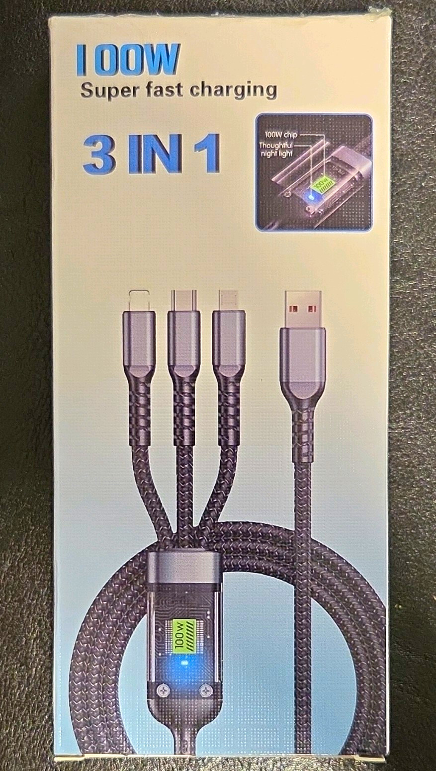 100W 3-in-1 Braided Fast Charge Cable USB-A to Lighting/USB-C/Micro-USB Black