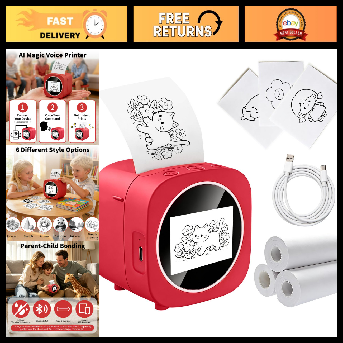 AI Voice Sticker Maker for Kids - Mini Thermal Printer, 6 Art Modes, Inkless, Po