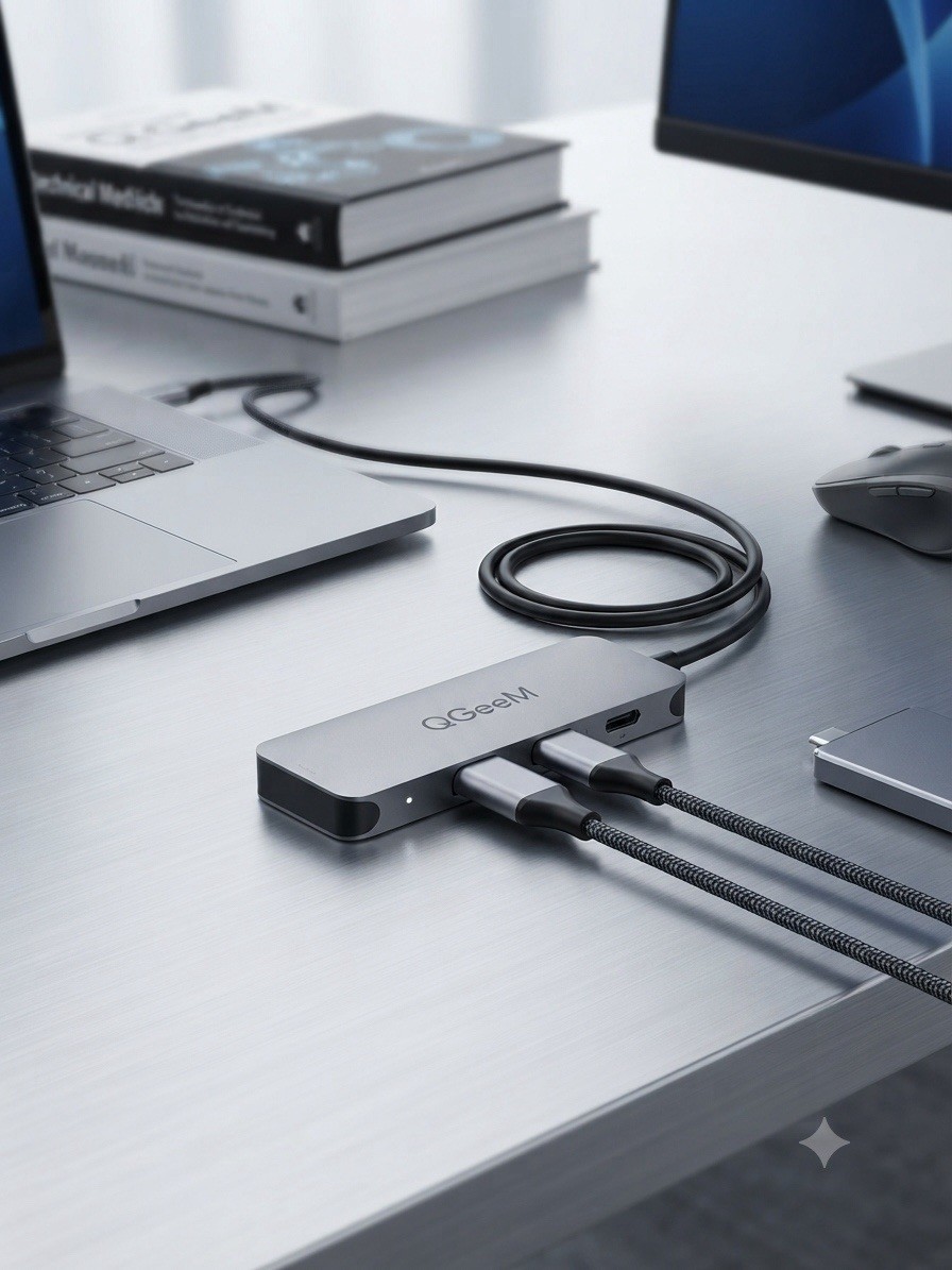 QGeeM 7-in-1 USB-C Hub HDMI USB-A USB-C PD SD/TF 15cm Cable Silver