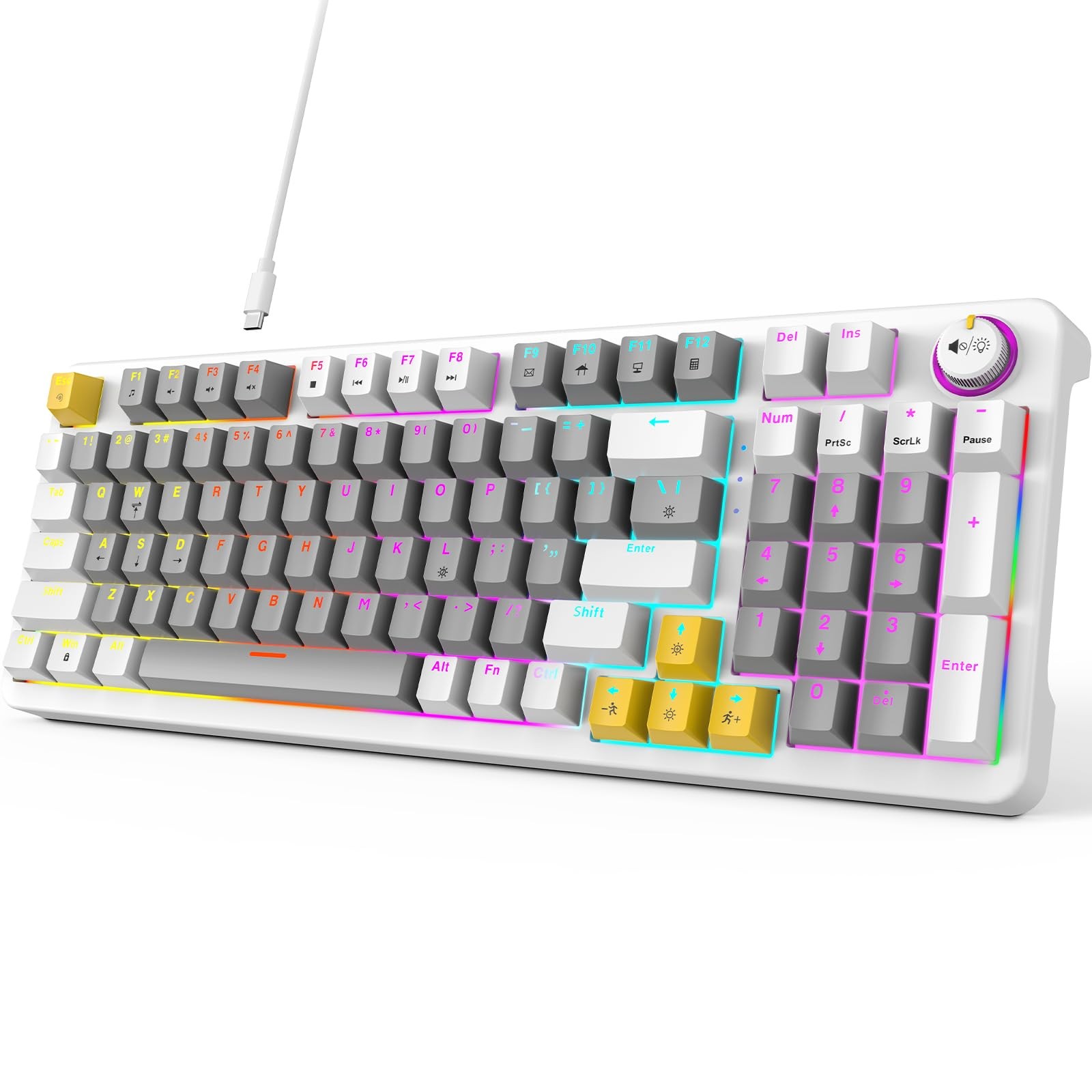 AK96 Wired Mechanical Gaming Keyboard Full Key LED Backlit Knob Gray White