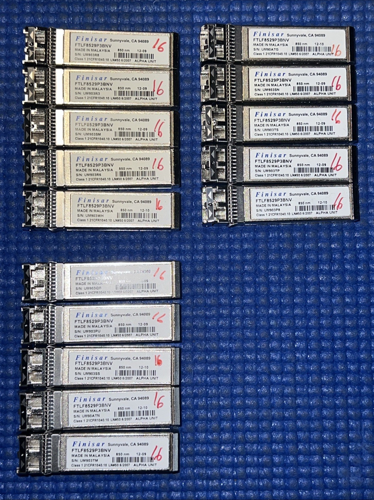 Lot of 15) Finisar 16G FTLF8529P3BNV 850nm Optical Transceiver