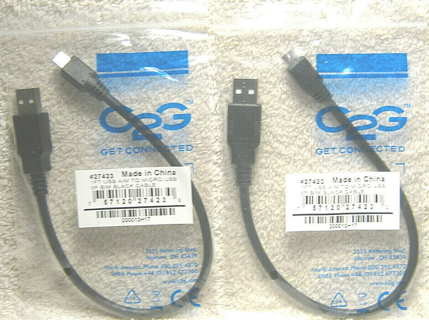 C2G 1FT USB 2.0 A TO MICRO-USB B CABLE - USB CABLE - PHONE CHARGING CABLE QTY 2 