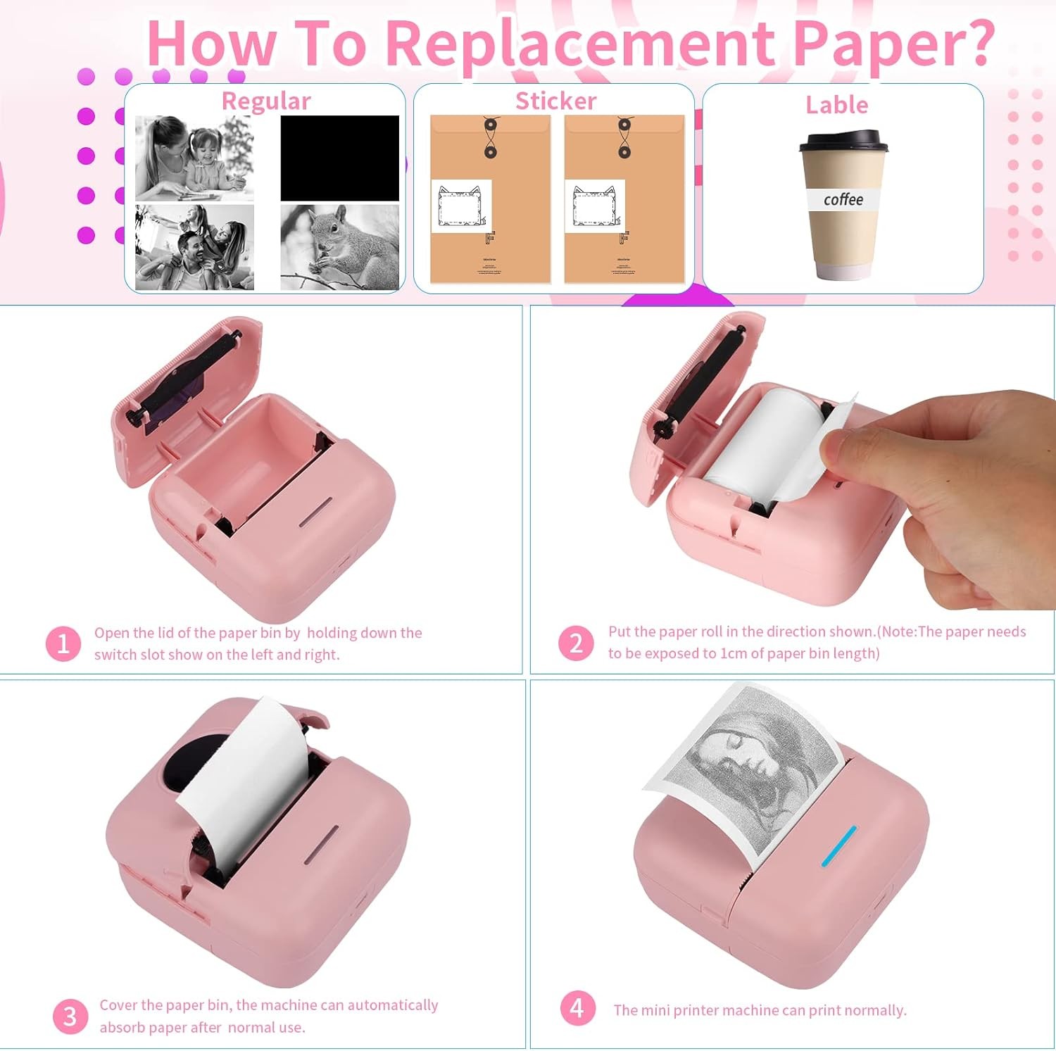 Pink - HuiJuKeJi Mini Sticker Printer Bluetooth Smart Pocket Inkless Thermal