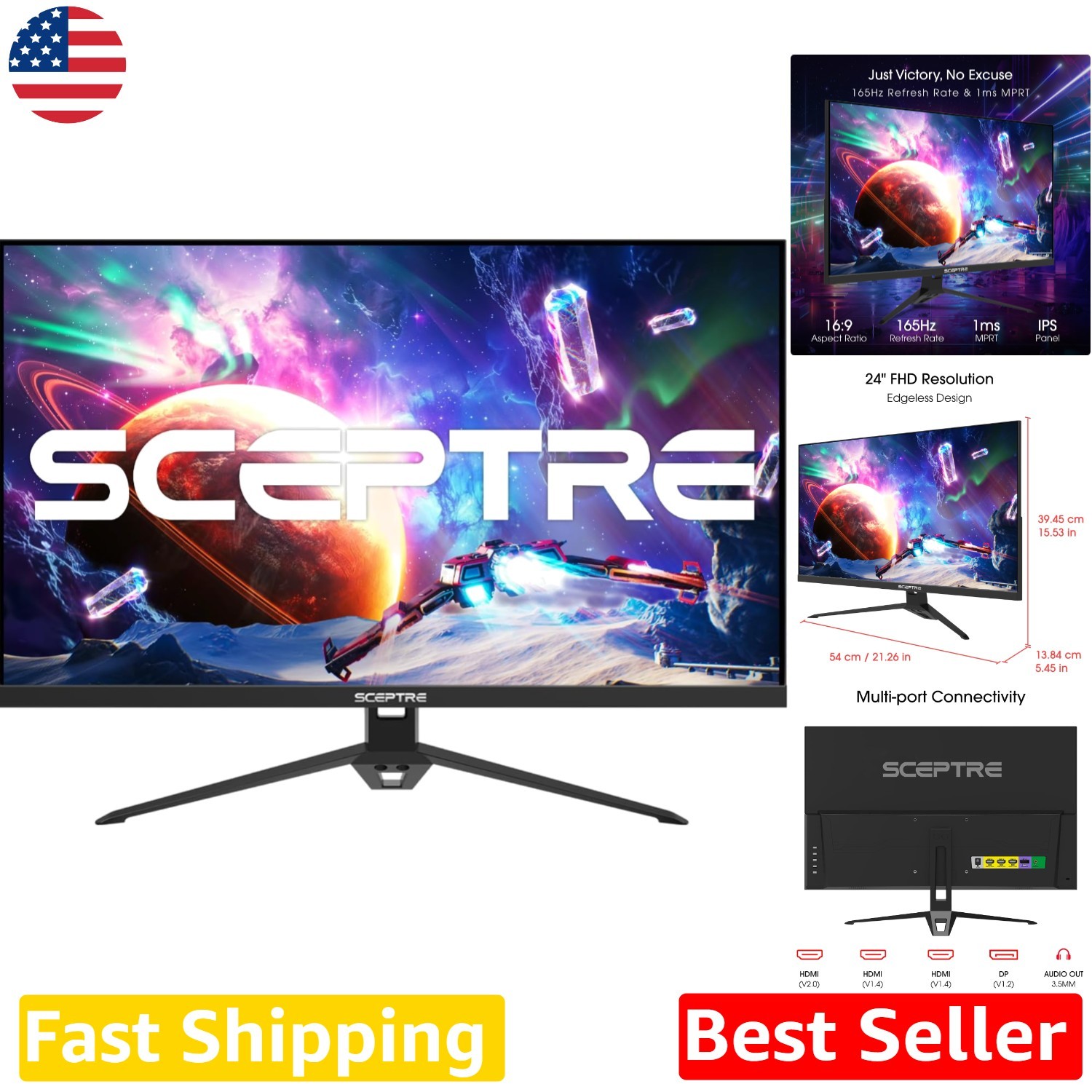 24" IPS Gaming Monitor 180Hz FHD 1ms Response Time Built-in Speakers
