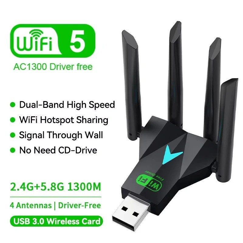 1300Mbps Wireless Dual Band USB 3.0 WiFi 2.4G/5G Network Adapter Dongle for PC`