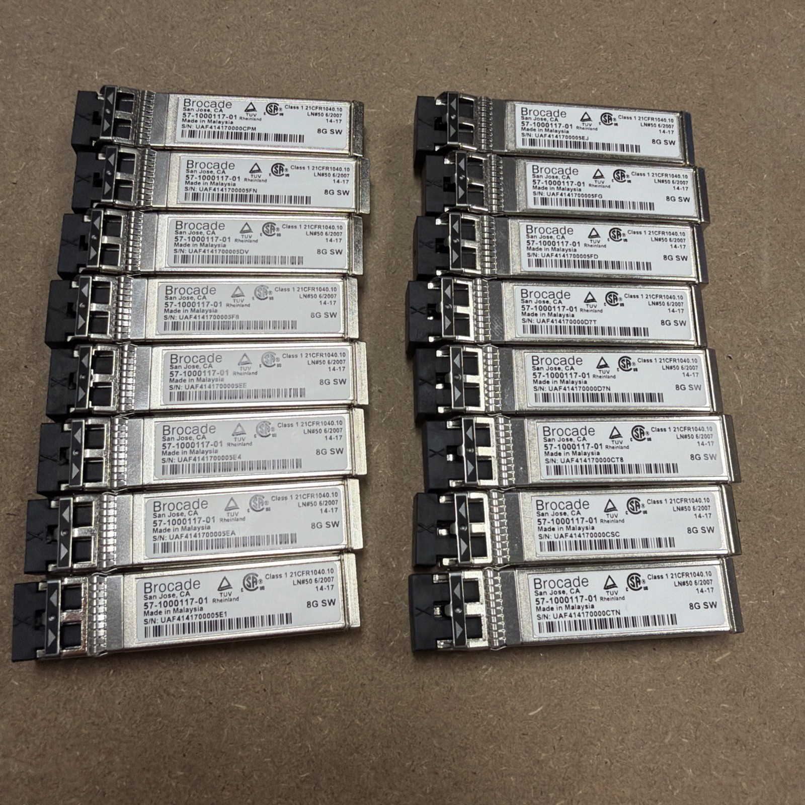 LOT OF 16 BROCADE 57-1000117-01 8GB FC SW SFP 850NM FIBER TRANSCEIVER MODULE